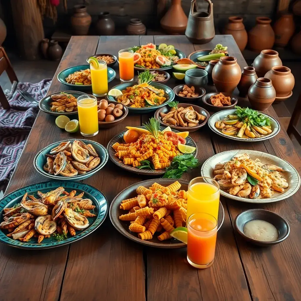 Mesa rústica de madera con platos coloridos de mariscos frescos, frutas tropicales y bebidas colombianas, iluminada con luz natural.