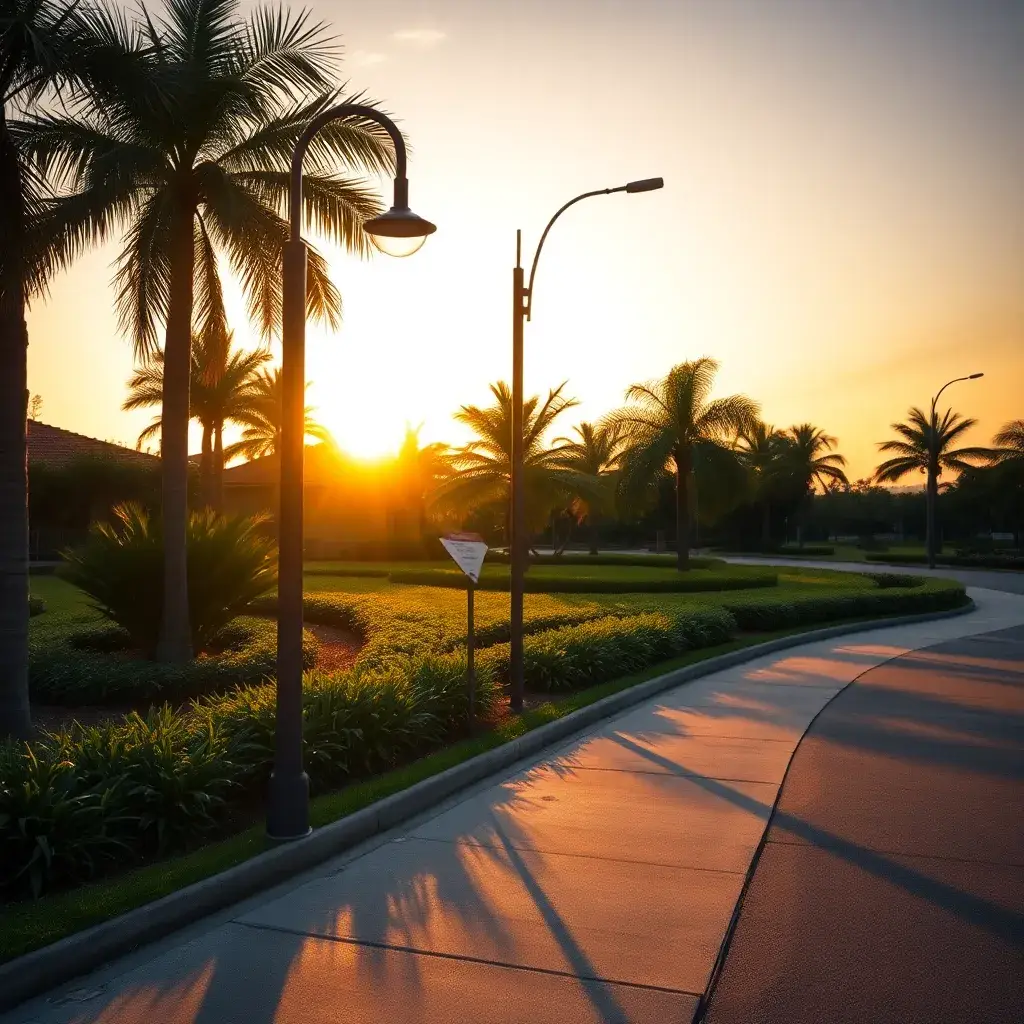Farola moderna con globo de vidrio brillante en un paisaje tropical, iluminada por la cálida luz del atardecer en Colombia.