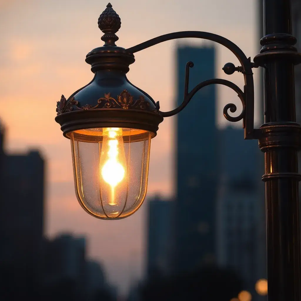 Farola lujosa iluminada en una ciudad colombiana al anochecer, simbolizando opulencia e innovación en infraestructura urbana.