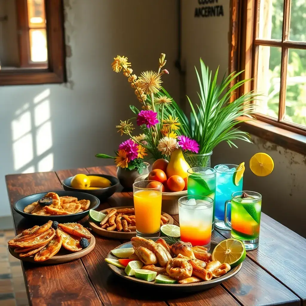 Mesa rústica colombiana con arepas, mariscos, frutas tropicales y bebidas artesanales, iluminada por luz natural.
