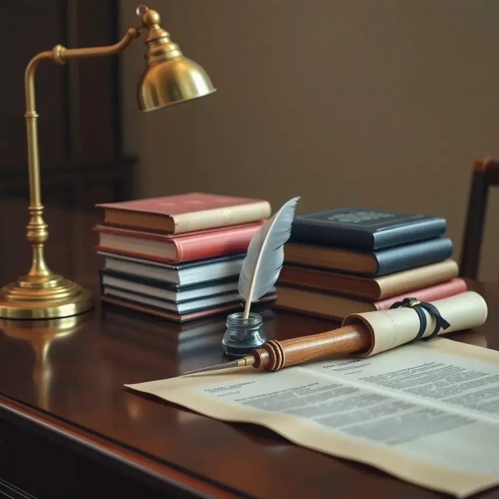 Escritorio de madera pulida con lámpara de bronce, libros legales, pluma y pergamino, evocando autoridad institucional en Colombia.