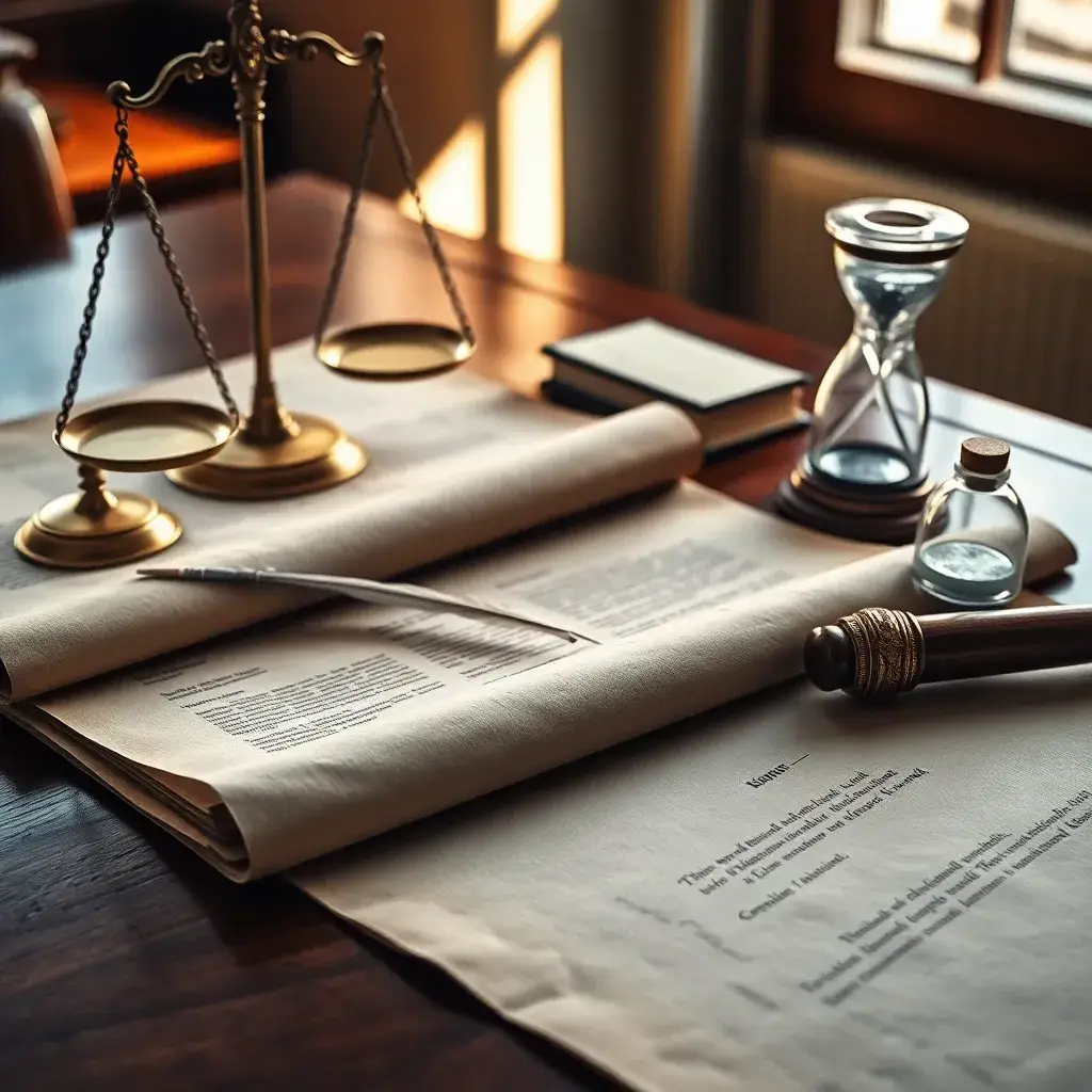 Documentos legales envejecidos sobre un escritorio de madera, con balanzas de justicia, pluma y reloj de arena en luz natural.