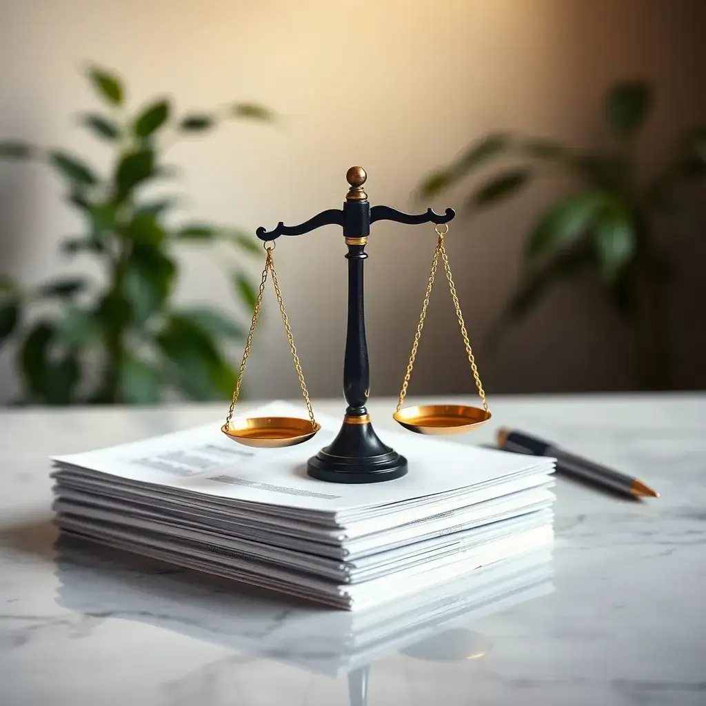 Balanza de justicia negra y dorada sobre documentos financieros, iluminada por luz cálida, simbolizando equilibrio y ética en Colombia.