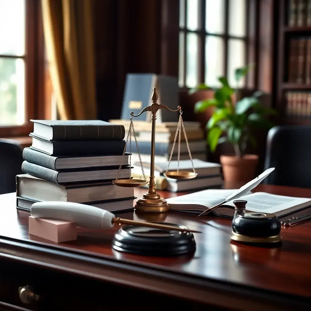 Escritorio de madera pulida con libros legales, balanza de justicia, pluma y planta verde, iluminado por luz natural, ideal para derecho tributario en Colombia.