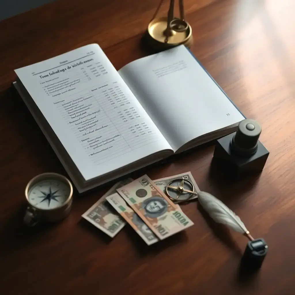 Registro contable abierto con entradas financieras, balanza de bronce, brújula, billetes de pesos colombianos y tintero con pluma.