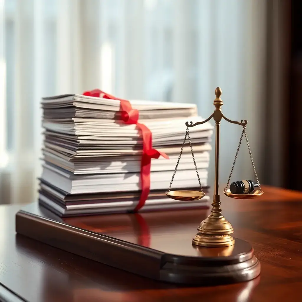 Prompt en inglés: A gavel and Colombian flag on a desk in a brightly lit office, symbolizing legal proceedings in Colombia.procesos juridicos en Colombia representados con un mazo y la bandera nacional sobre un escritorio.