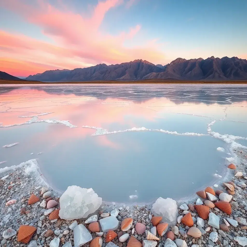 Paisaje sereno de una extensa salina al amanecer en Colombia, con tonos rosados y naranjas reflejados en charcas de agua.