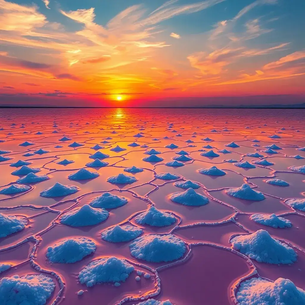 Extensas salinas vibrantes en Colombia reflejan el atardecer, con montículos de sal dispuestos en patrones geométricos.