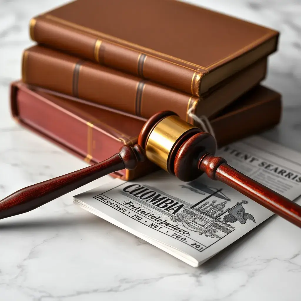 Martillo de juez de madera pulida sobre libros legales antiguos y una revista con la bandera de Colombia en una mesa de mármol.