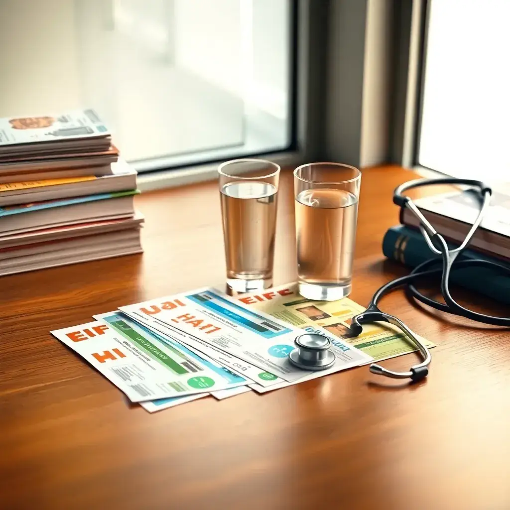 Composición de cuentas de servicios coloridas sobre una superficie de madera, junto a un vaso de agua y libros, iluminada suavemente.