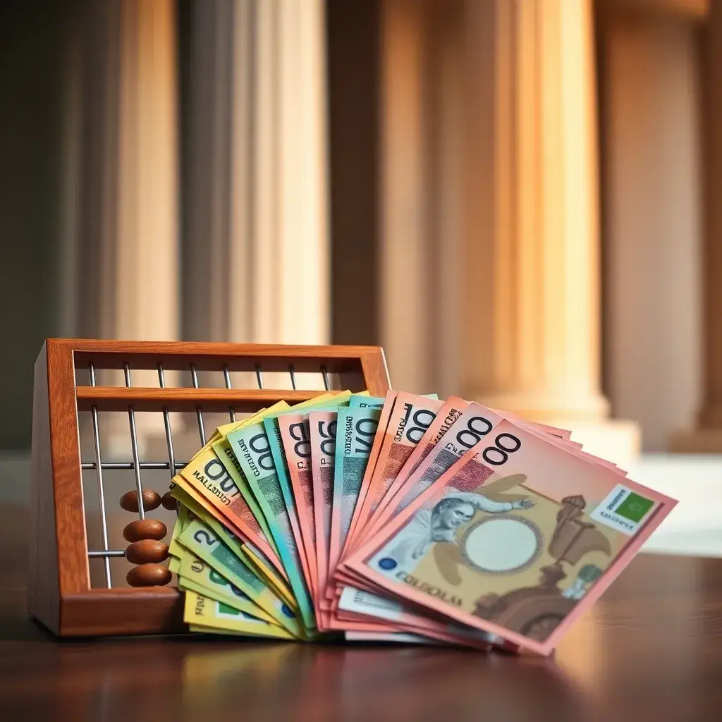 Conjunto ordenado de billetes colombianos junto a un ábaco de madera, con columnas arquitectónicas de fondo, iluminados cálidamente.
