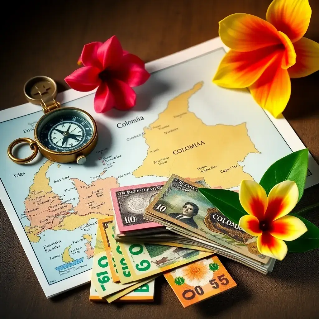 Acuarela meticulosamente dispuesta con una brújula antigua, un mapa de Colombia, billetes de pesos y una flor tropical, iluminada suavemente.