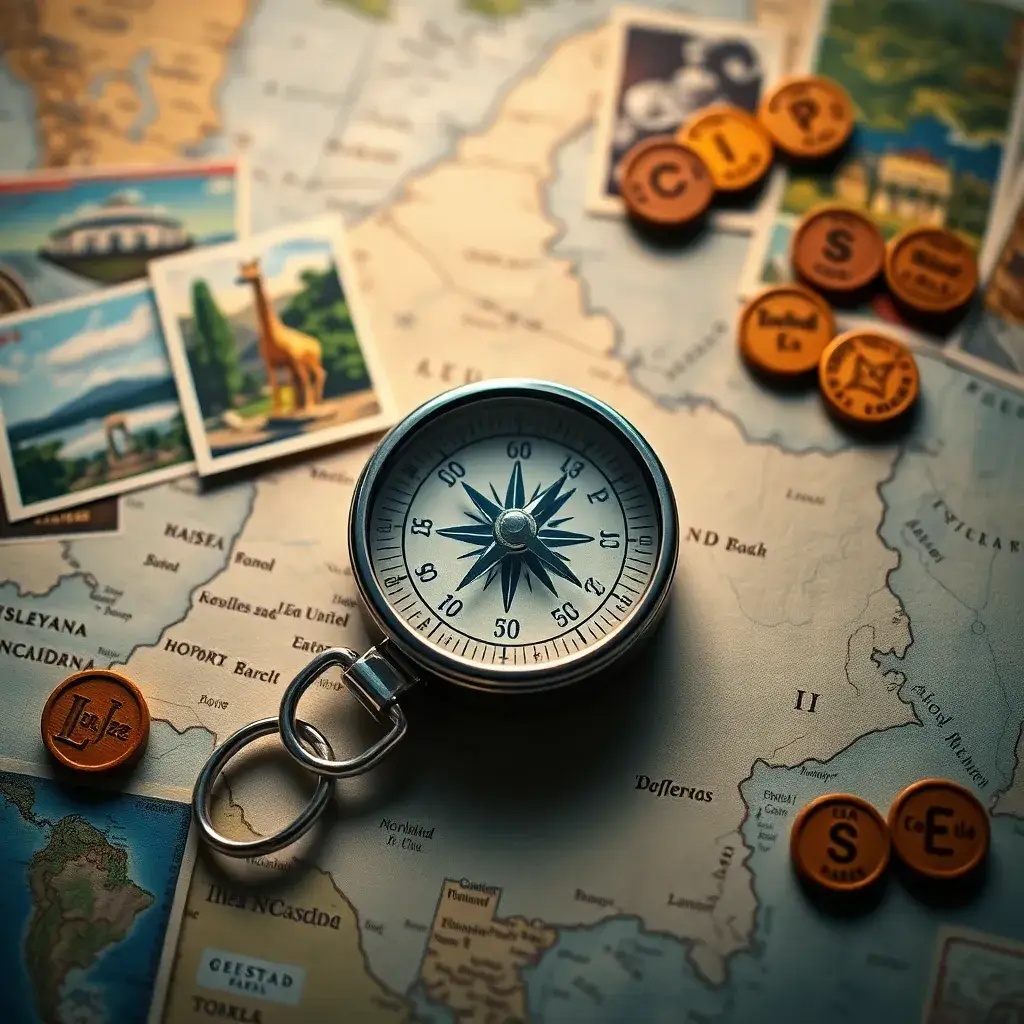 Brújula brillante sobre un mapa desgastado de Colombia, rodeada de postales vintage y tokens de atracciones locales, iluminada calidamente.