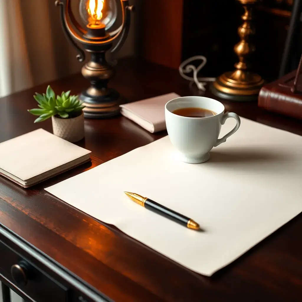 Escritorio elegante con mesa de madera oscura, pluma vintage y té, ideal para planificación financiera en Colombia.