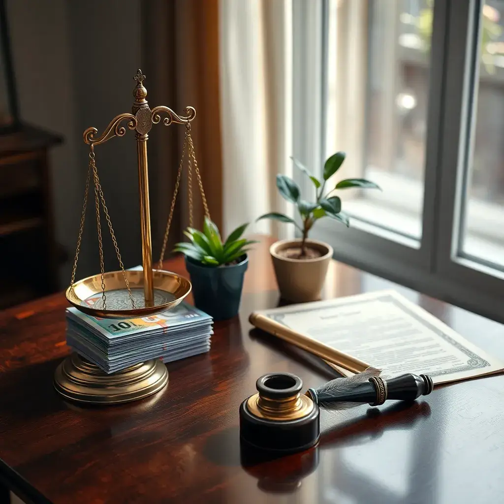 Mesa de madera con balanza de justicia, billetes colombianos, planta y pluma sobre documento legal, iluminada por luz natural.