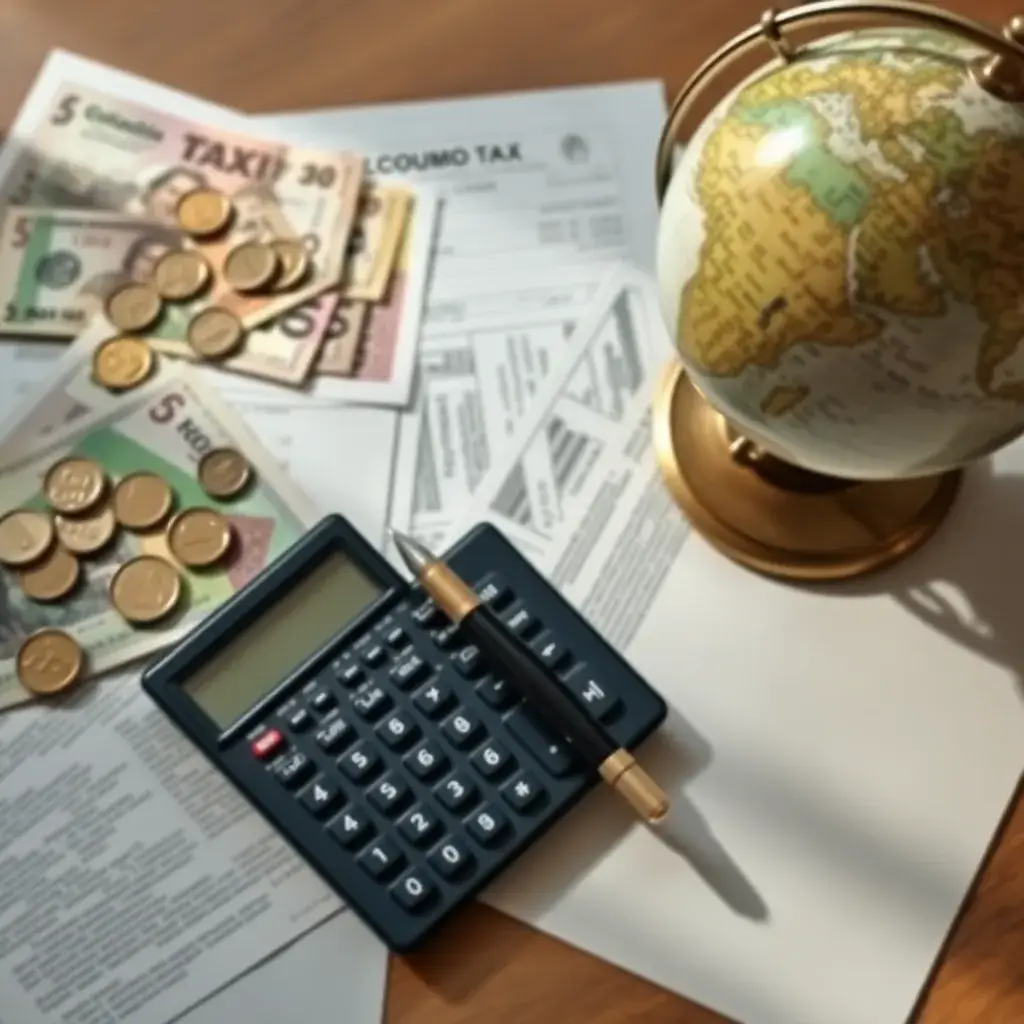 Billetes y monedas en pesos colombianos, documentos fiscales, una pluma elegante, un calculador y un globo vintage en luz natural.