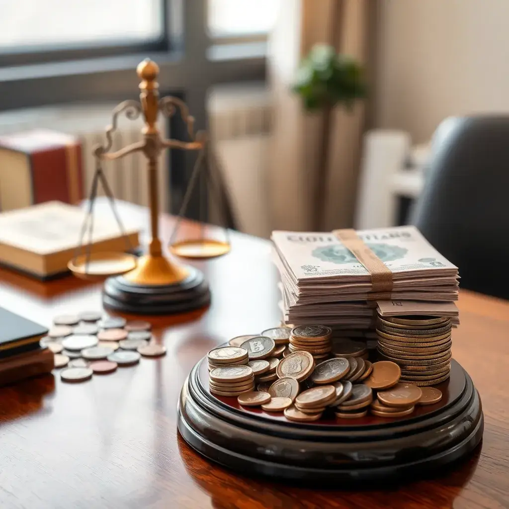 Escritorio de madera elegante con monedas de diversas divisas y una balanza de latón, reflejando integridad financiera en Colombia.