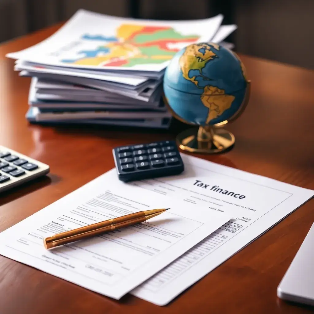 Escritorio ordenado con informes financieros coloridos, calculadora plateada y documentos tributarios en un ambiente cálido y profesional en Colombia.