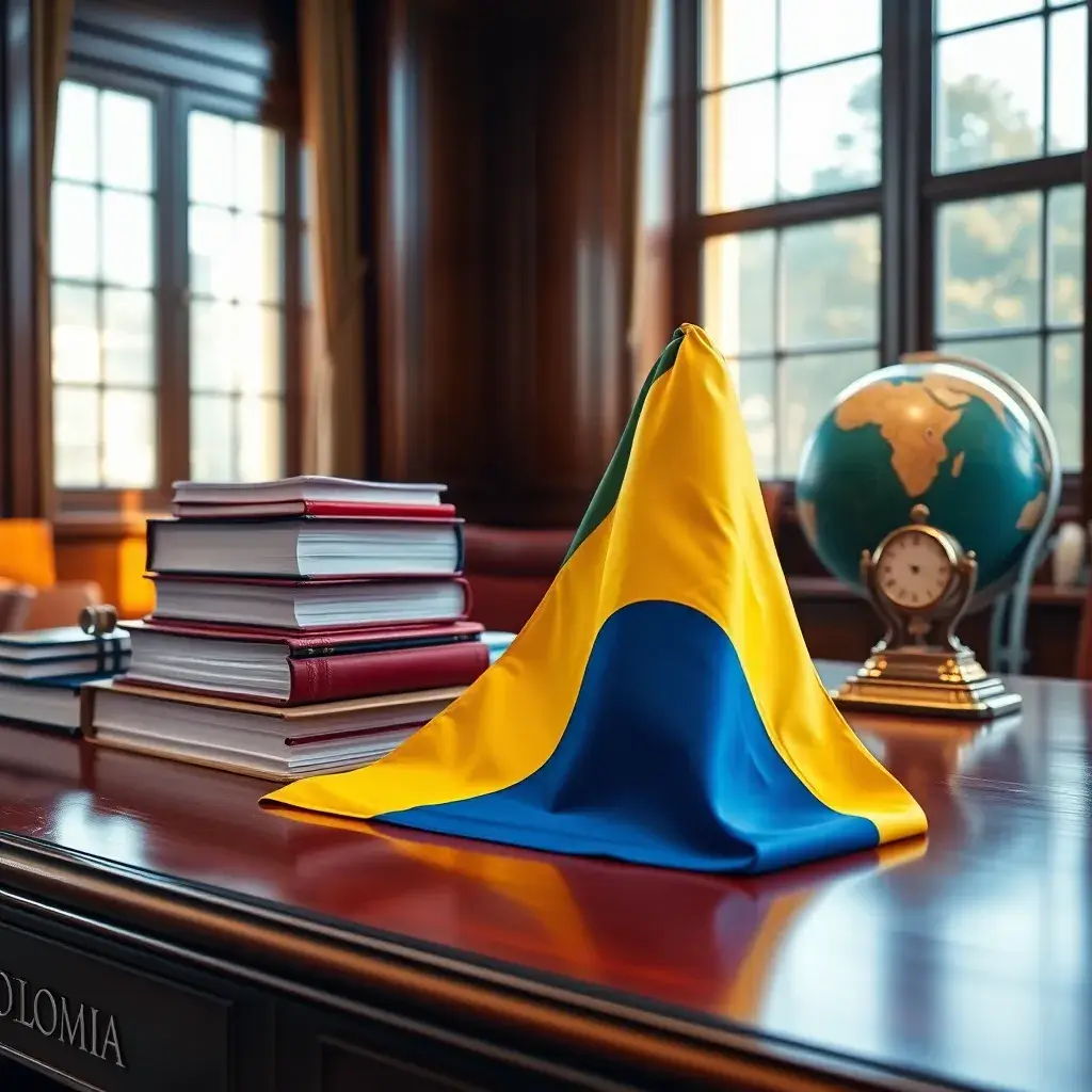 Escritorio de madera pulida con una bandera colombiana, documentos legales organizados y un globo, iluminado por luz natural.
